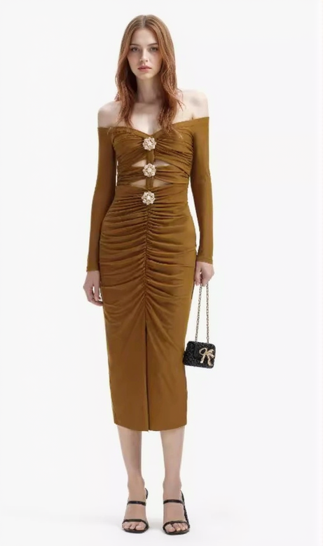 ABITO MIDI IN JERSEY KAKI CON SPALLE SCOPERTE MAUREEN