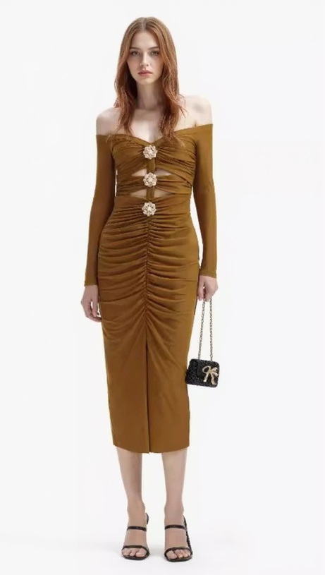 MAUREEN KHAKI-JERSEY-MIDIKLEID MIT OFFENEN SCHULTERN