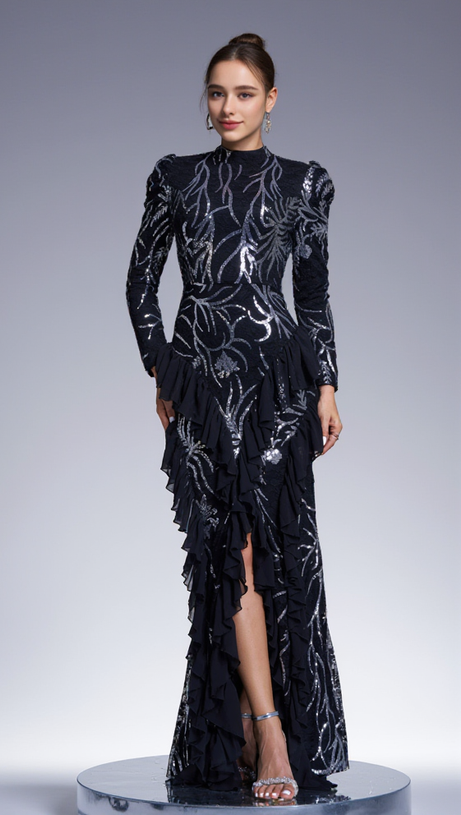 RUFFLE TRIM SEQUIN PRINT MAXI DRESS IN BLACK