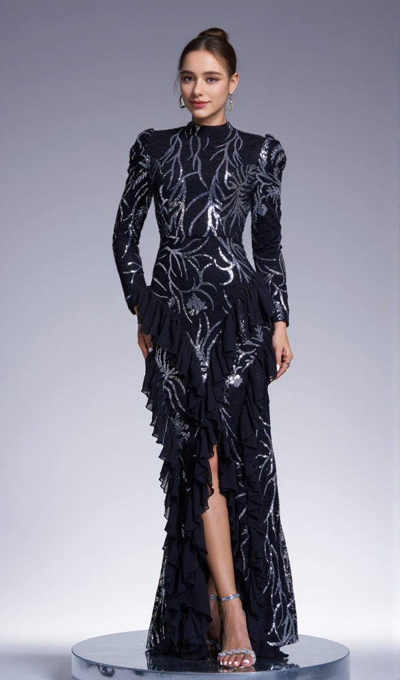 AIIZIE RUFFLE TRIM SEQUIN PRINT MAXI DRESS IN BLACK - product image