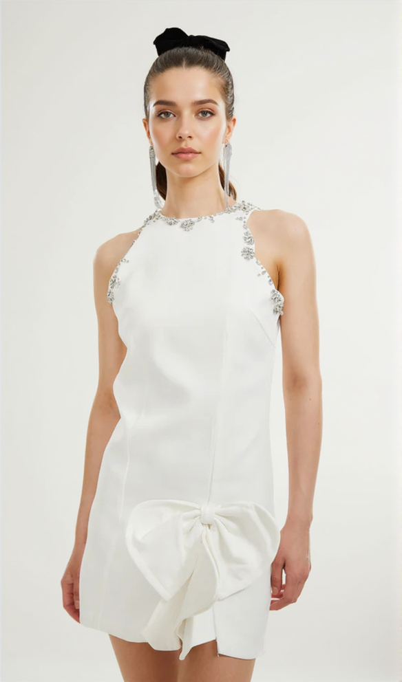 CRYSTAL BOW-DETAIL MINI DRESS IN WHITE