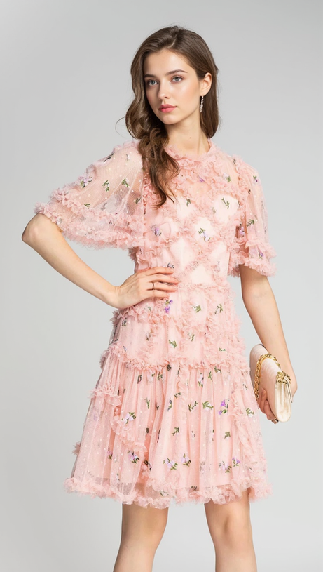 AURORA RUFFLES TULLE MINI DRESS IN PINK