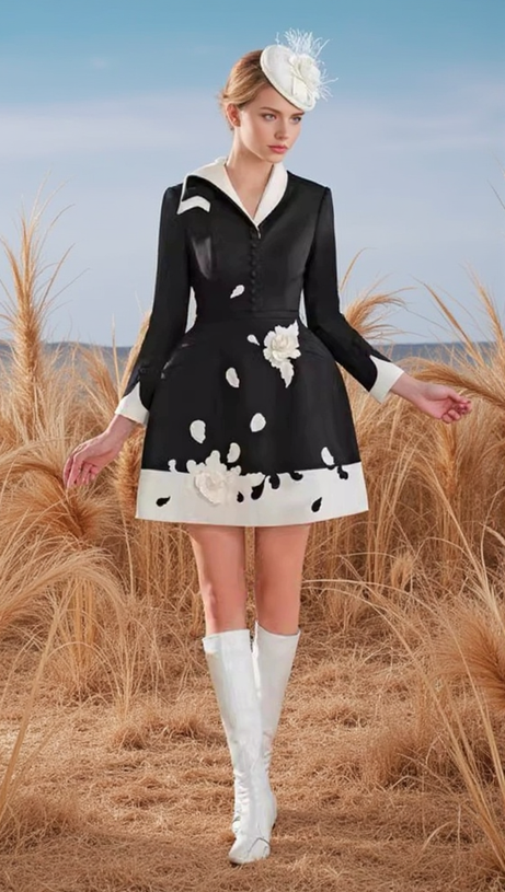 RENEE FLOWER EMBELLISHED BLACK A-LINE SILK MINI DRESS