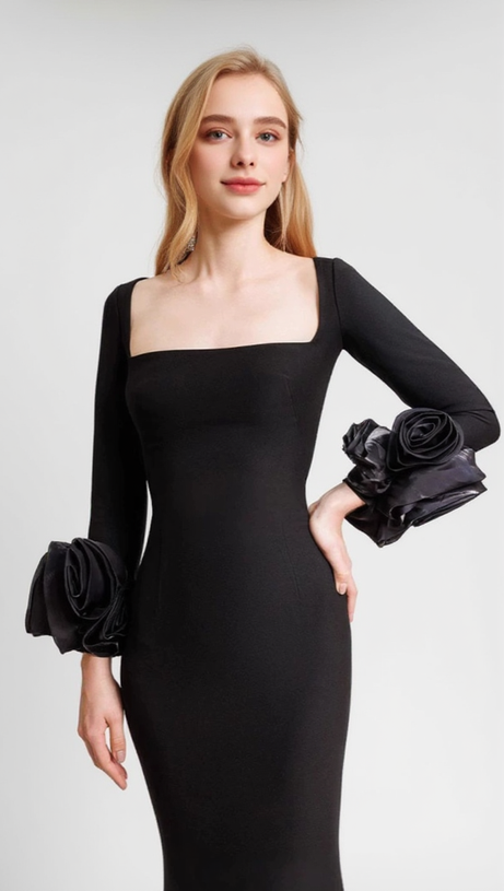 CATLIN BLACK FLOWER BANDAGE MIDI DRESS