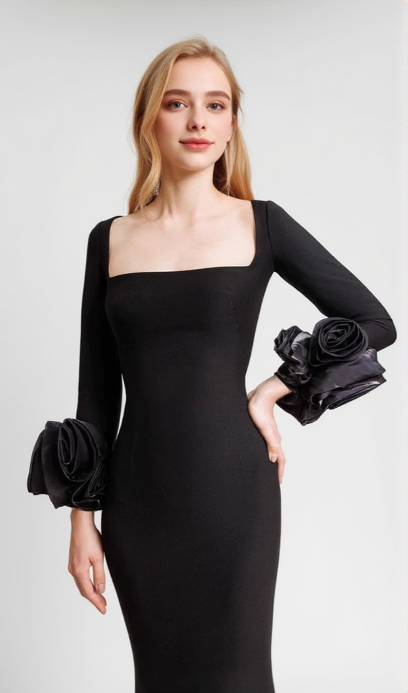 CATLIN BLACK FLOWER BANDAGE MIDI DRESS