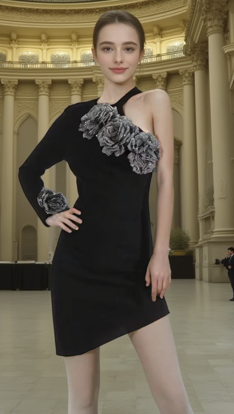 CYANNE BLACK ONE SHOULDER FLOWER MINI DRESS