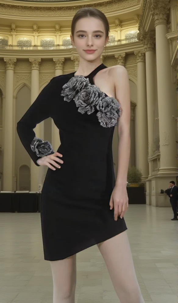 CYANNE BLACK ONE SHOULDER FLOWER MINI DRESS