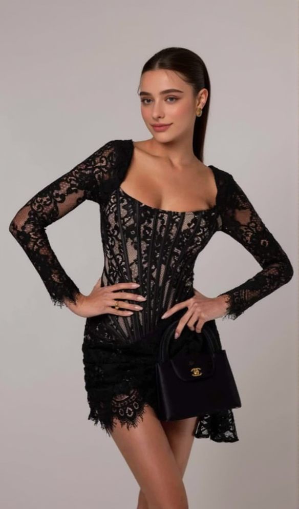 MINI ABITO DRAPPEGGIATO CON CORSETTO IN PIZZO A MANICHE LUNGHE IN NERO