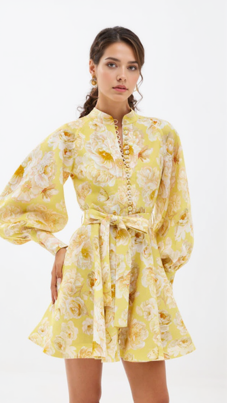 MONICA LANTERN SLEEVE FLORAL PRINT YELLOW MINI DRESS