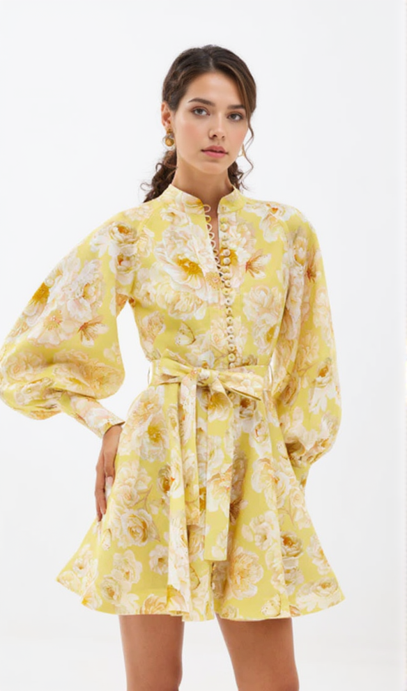 MONICA LANTERN SLEEVE FLORAL PRINT YELLOW MINI DRESS