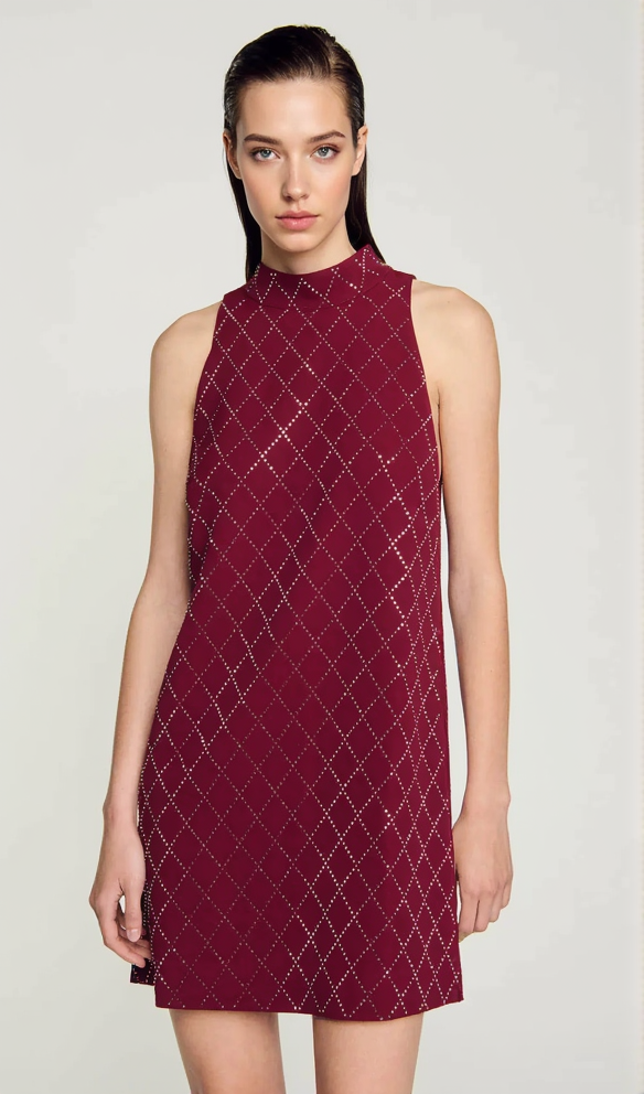 RIVA DIAMOND-SHAPED RHINESTONE PATTERN BORDEAUX MINI DRESS
