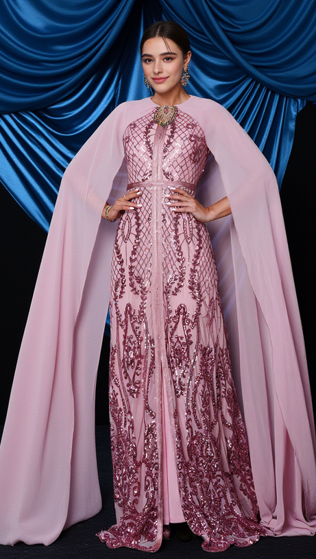 METALLIC EMBELLISHED COLLAR CAPE SLEEVE DRESS IN LIGHT PINK