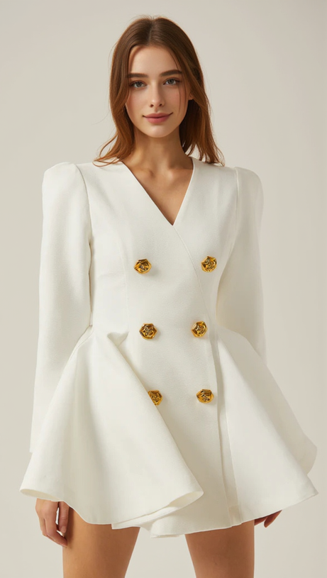 GOLD-BUTTON PLEATED PEPLUM-HEM WHITE  BLAZER DRESS