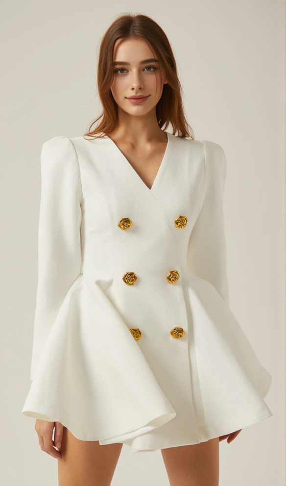 gold-button pleated peplum-hem white  blazer dress