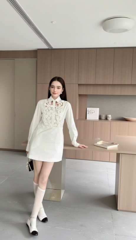 ETHEL – Hemdblusenkleid mit Blumenmuster und langen Ärmeln in Weiß