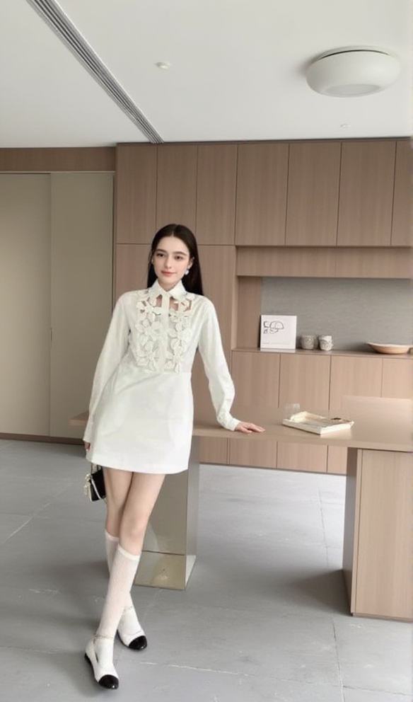 AIIZIE ETHEL FLORAL CUTOUT LONG SLEEVES SHIRT DRESS IN WHITE - product image