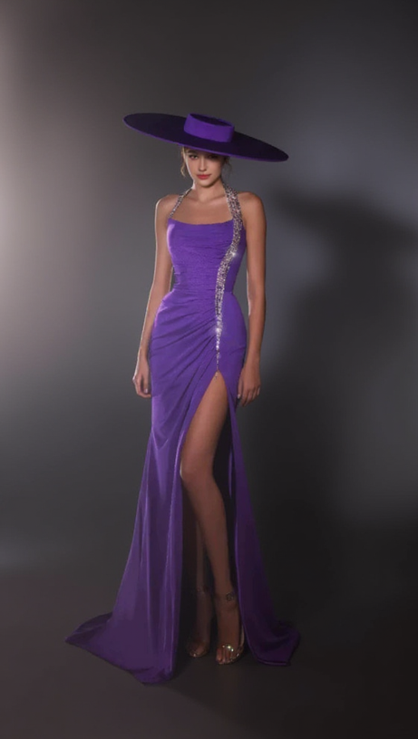 MULTICOLOR-PEARL EMBELLISHED PURPLE HALTER MAXI DRESS