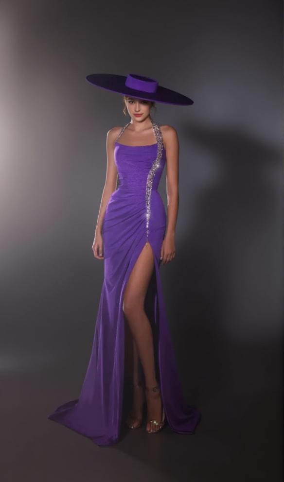 MULTICOLOR-PEARL EMBELLISHED PURPLE HALTER MAXI DRESS