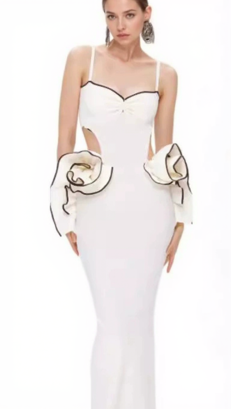 LILLIAN WAIST FLOWER RUFFLE EMBELLISHED CUT OUT MAXI DRESS