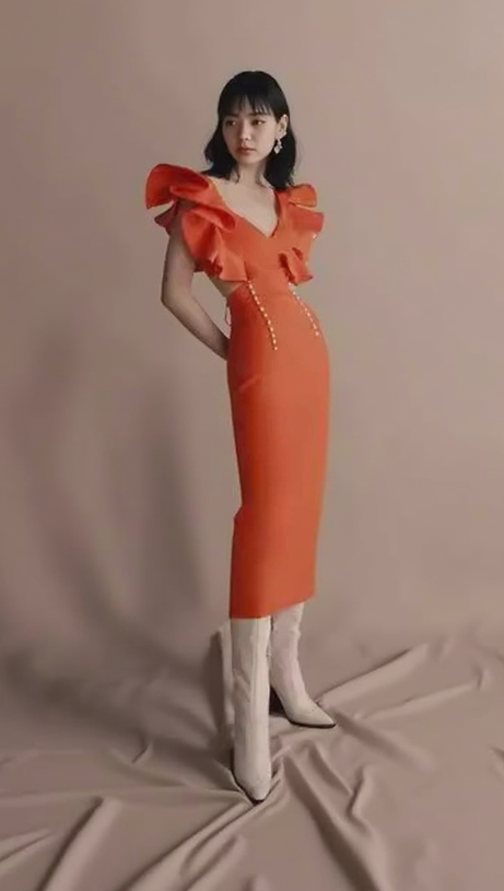 TOBEY ORANGE PEARL EMBELLISHED RUFFLE TRIM NECK MIDI DRESS