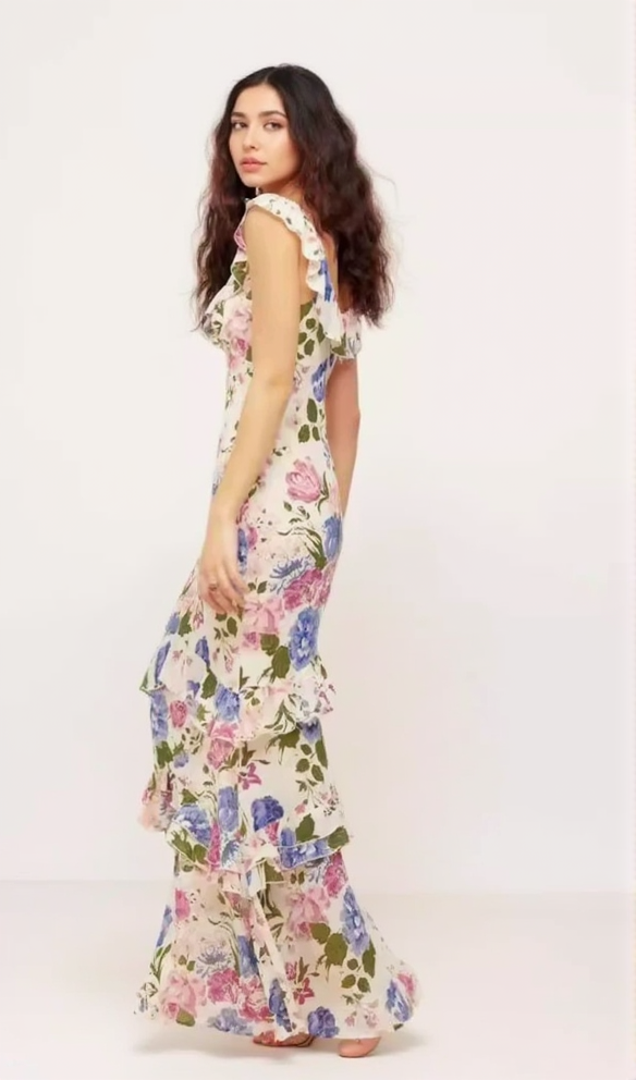 PRISCILLA MULTICOLOR OFF SHOULDER PRINT LAYERED MAXI DRESS