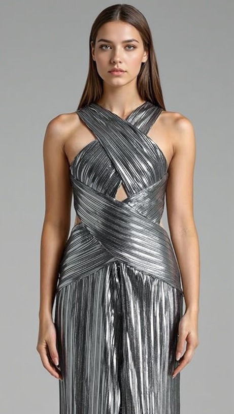 ELSA METALLIC CRISS CROSS HALTER NECK GOWN