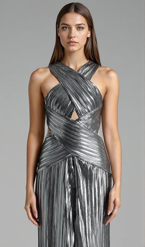 ELSA METALLIC CRISS CROSS HALTER NECK GOWN