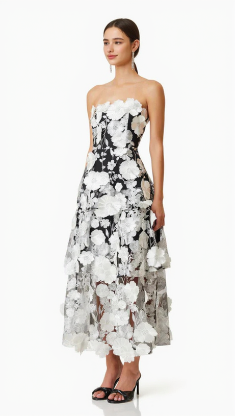 SELENE 3D FLOWER TIERED MAXI DRESS IN BLACK
