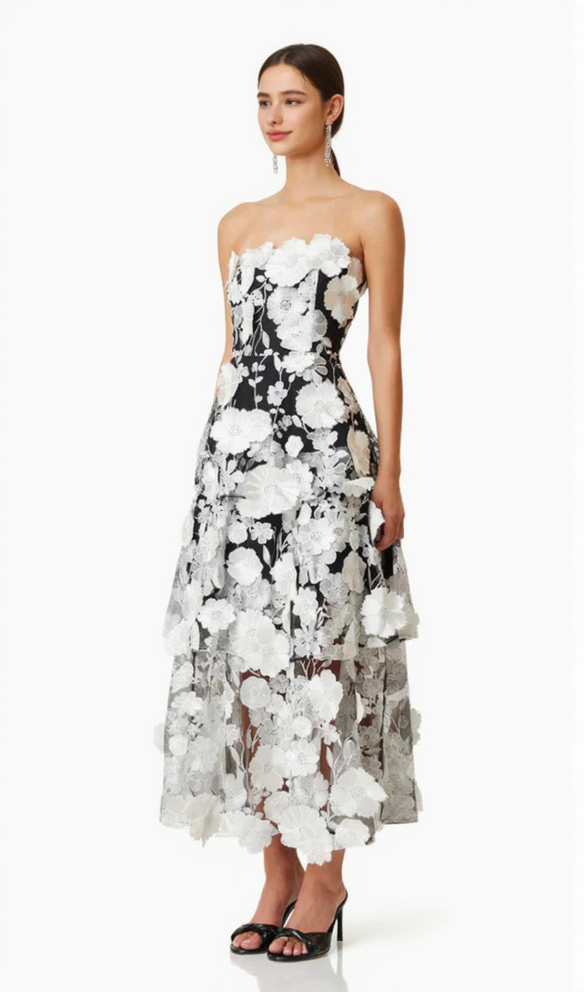 AIIZIE SELENE 3D FLOWER TIERED MAXI DRESS IN BLACK - product image