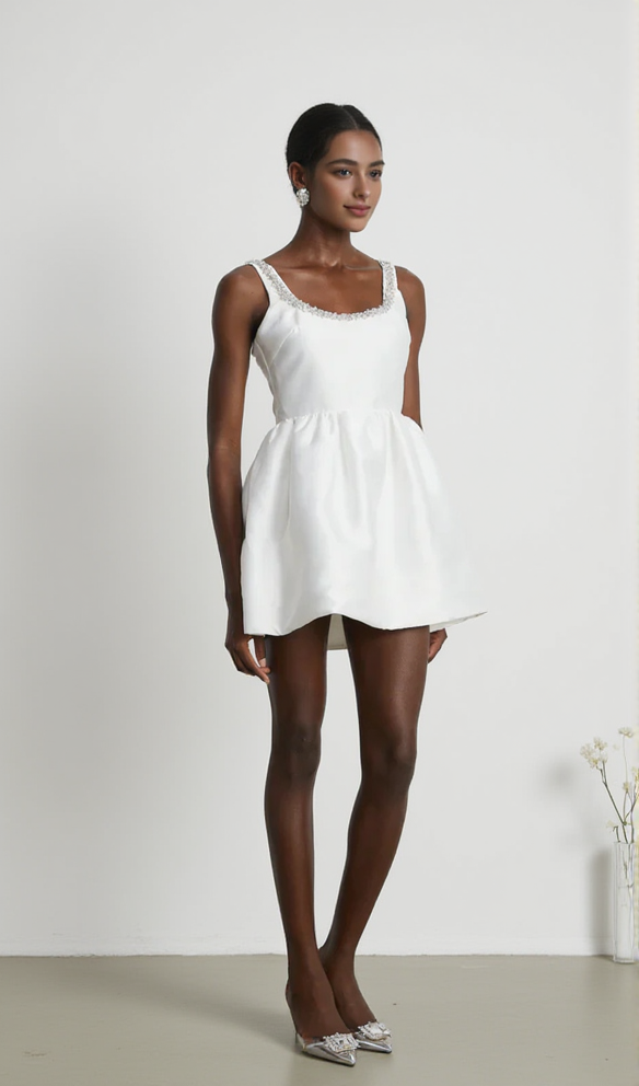 AIIZIE DOROTHY WHITE TAFFETA DIAMANTE MINI DRESS - product image