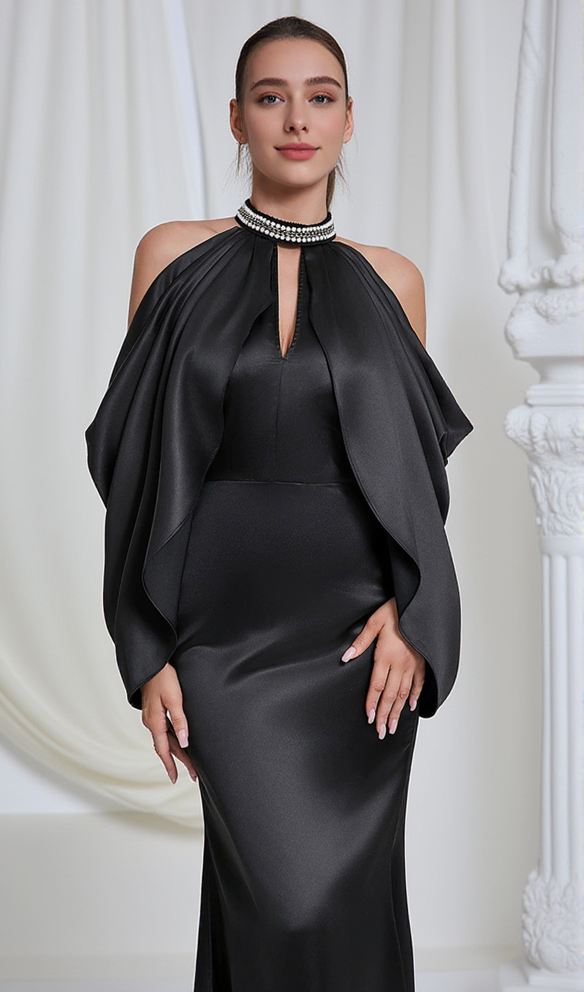 OFF-SHOULDER CRYSTAL HALTER MAXI DRESS IN BLACK