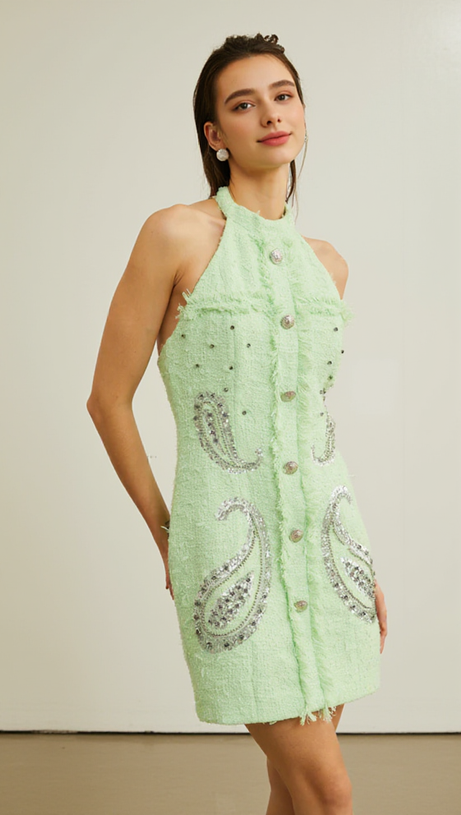 GEMMA PAISLEY-EMBELLISHED TWEED MINI DRESS IN GREEN