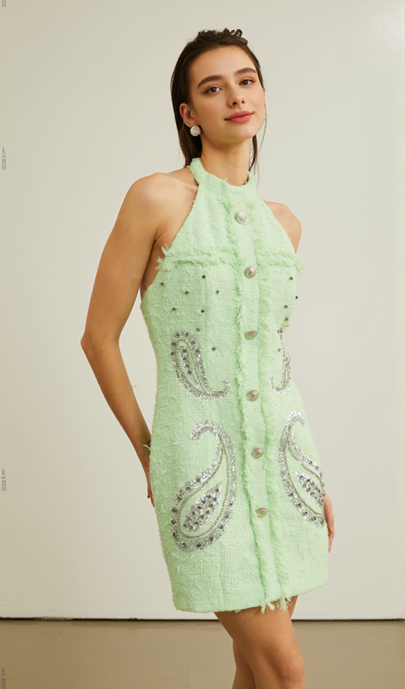 AIIZIE GEMMA PAISLEY-EMBELLISHED TWEED MINI DRESS IN GREEN - product image