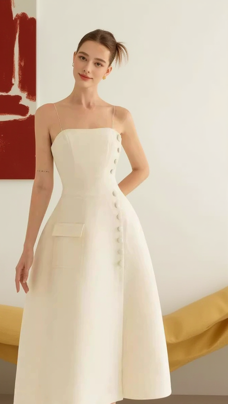 ELIO BUTTON-EMBELLISHED MIDI DRESS IN CREAM