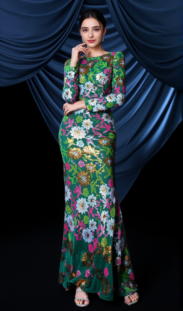AIIZIE SEQUIN ROUND NECK LONG SLEEVE MAXI DRESS IN GREEN - product image