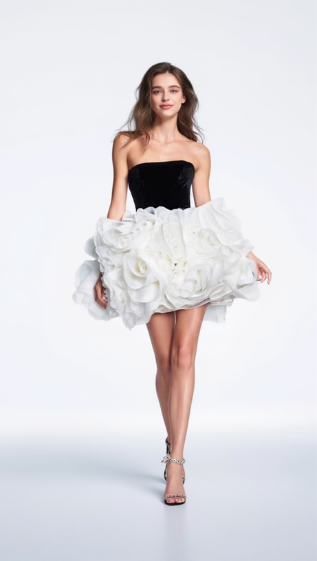 TINA WHITE 3D FLOWERS STRAPLESS BLACK MINI DRESS