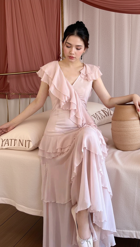 RUFFLED MAXI DRESS IN PALE PINK