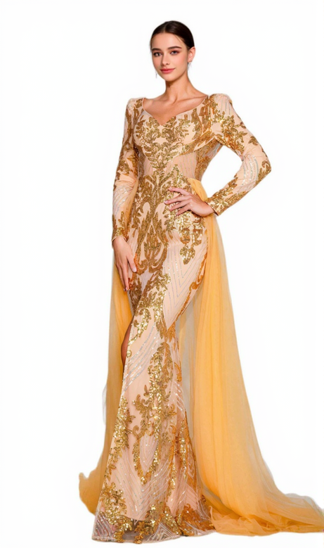 Long Sleeve Split Gold Sequin maxi Dress