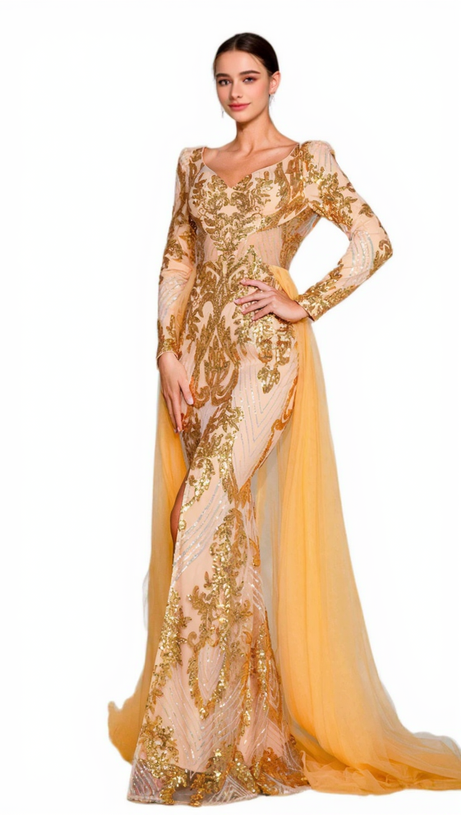 LONG SLEEVE SPLIT GOLD SEQUIN MAXI DRESS