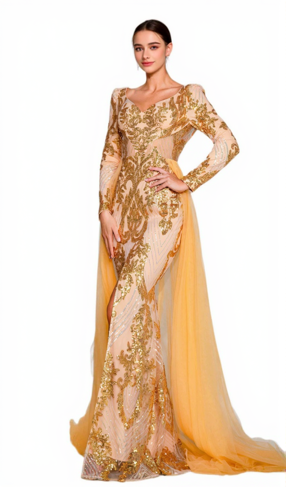 LONG SLEEVE SPLIT GOLD SEQUIN MAXI DRESS