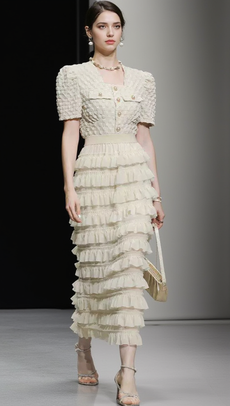 CHARLOTTE APRICOT PUFF SLEEVE RUFFLES CHIFFON MIDI DRESS