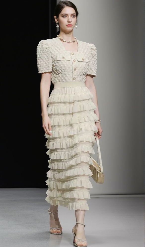AIIZIE CHARLOTTE APRICOT PUFF SLEEVE RUFFLES CHIFFON MIDI DRESS - product image