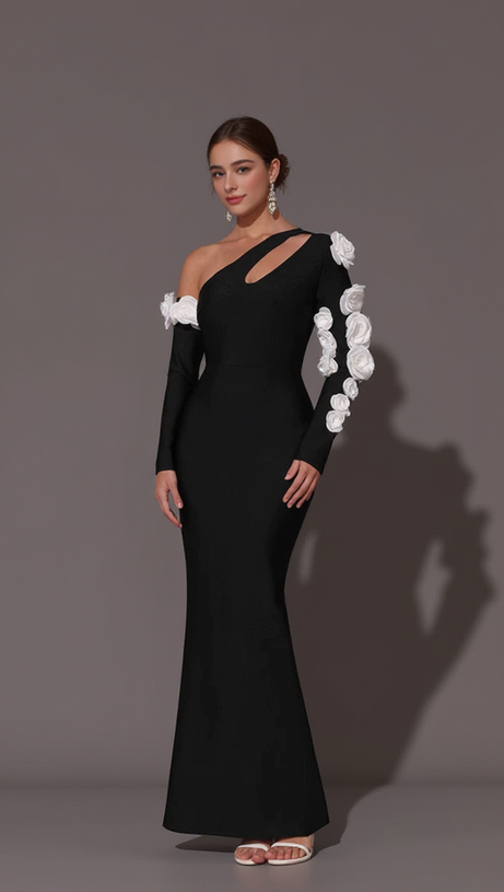 ONE SHOULDER FLOWER EMBELLISHED CUTOUT BANDAGE MAXI DRESS IN BLACK