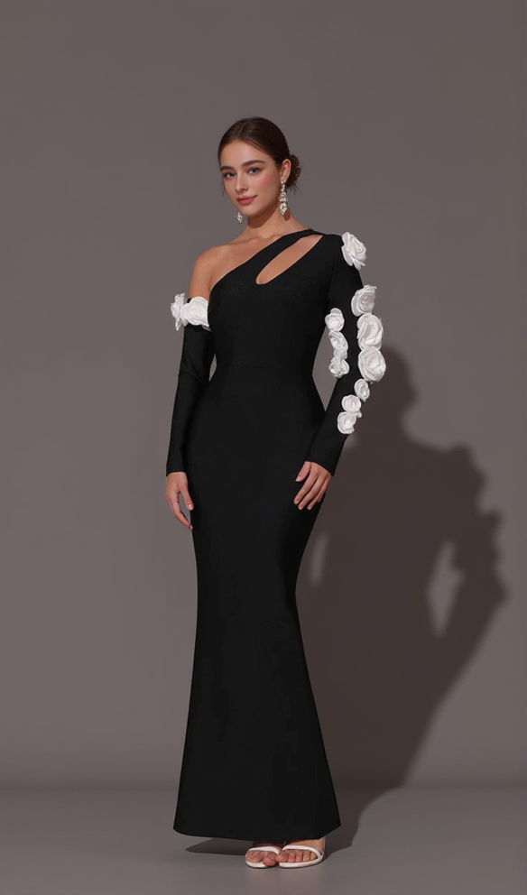 AIIZIE ONE SHOULDER FLOWER EMBELLISHED CUTOUT BANDAGE MAXI DRESS IN BLACK - product image
