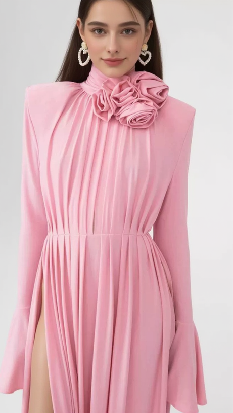 ERIN LANTERN SLEEVE HIGH COLLAR FLOWER SLIT MIDI DRESS IN PINK