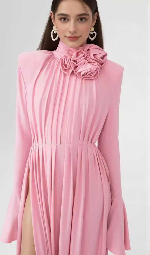ERIN LANTERN SLEEVE HIGH COLLAR FLOWER SLIT MIDI DRESS IN PINK