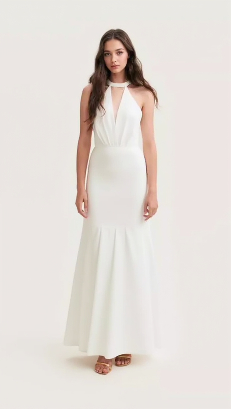 RACHEL WHITE HALTER SATIN BACK CUTOUT MAXI DRESS