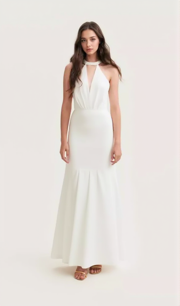 RACHEL WHITE HALTER SATIN BACK CUTOUT MAXI DRESS