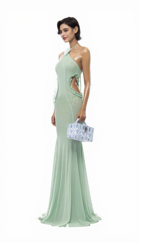 BUTTERFLY SLIP HALTERNECK TULLE MAXI DRESS IN GREEN