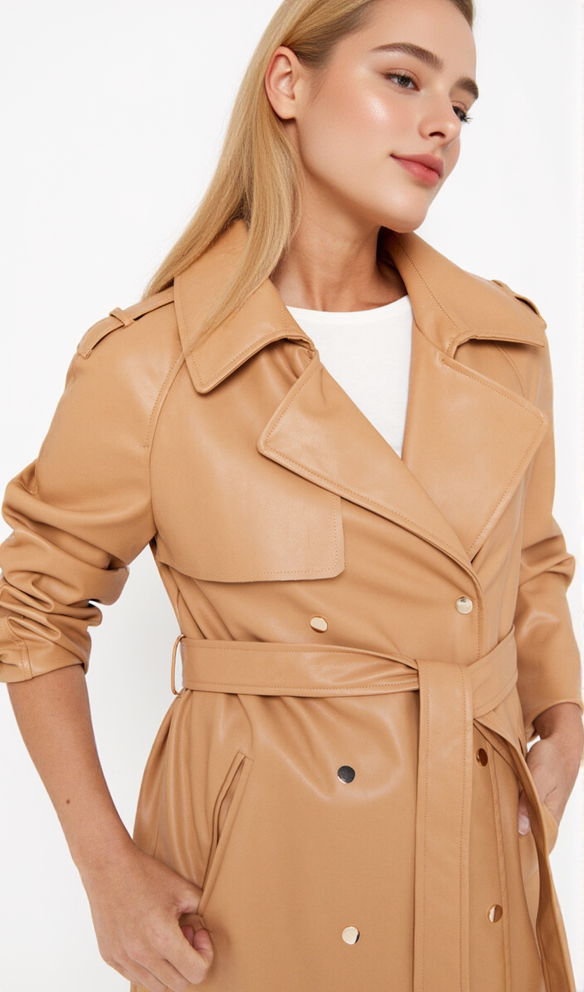 AIIZIE FAUX LEATHER DOUBLE-BREASTED COAT IN BROWN YELLOW - product image